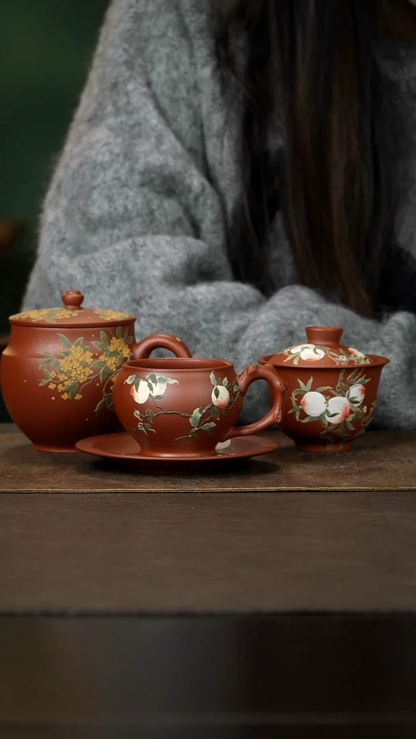 茶杯紫砂8*杯研所 夏菁 月亮桂花盖杯+ 桃子盖碗 + 九桃套组