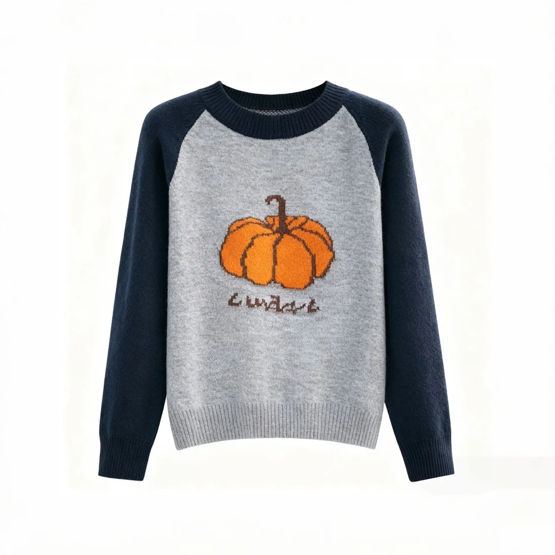 秋冬新款韩系显瘦南瓜提花撞色减龄宽松毛衣长袖针织上衣3121