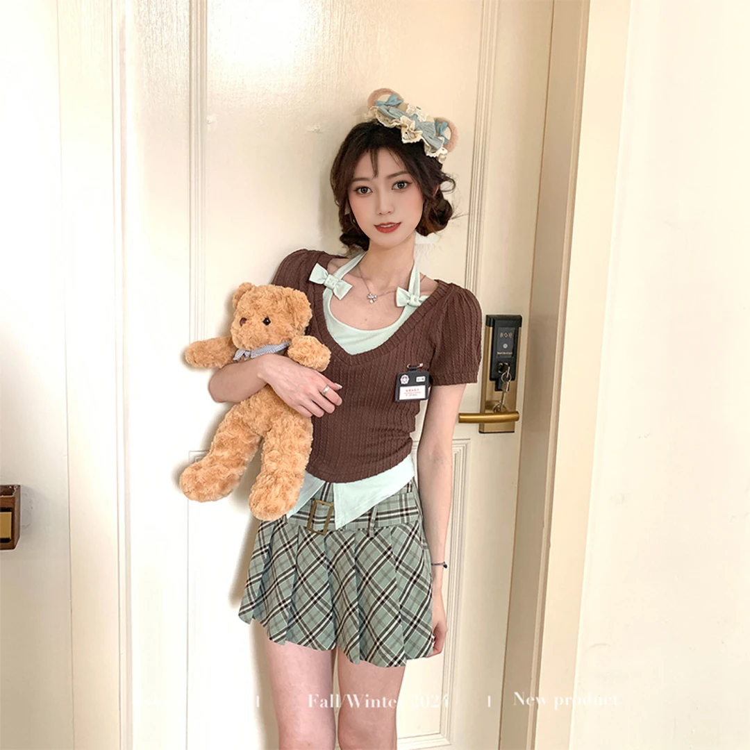【学院风】 森系棕色假两件上衣格纹显瘦百褶短裙套装夏季2025新款