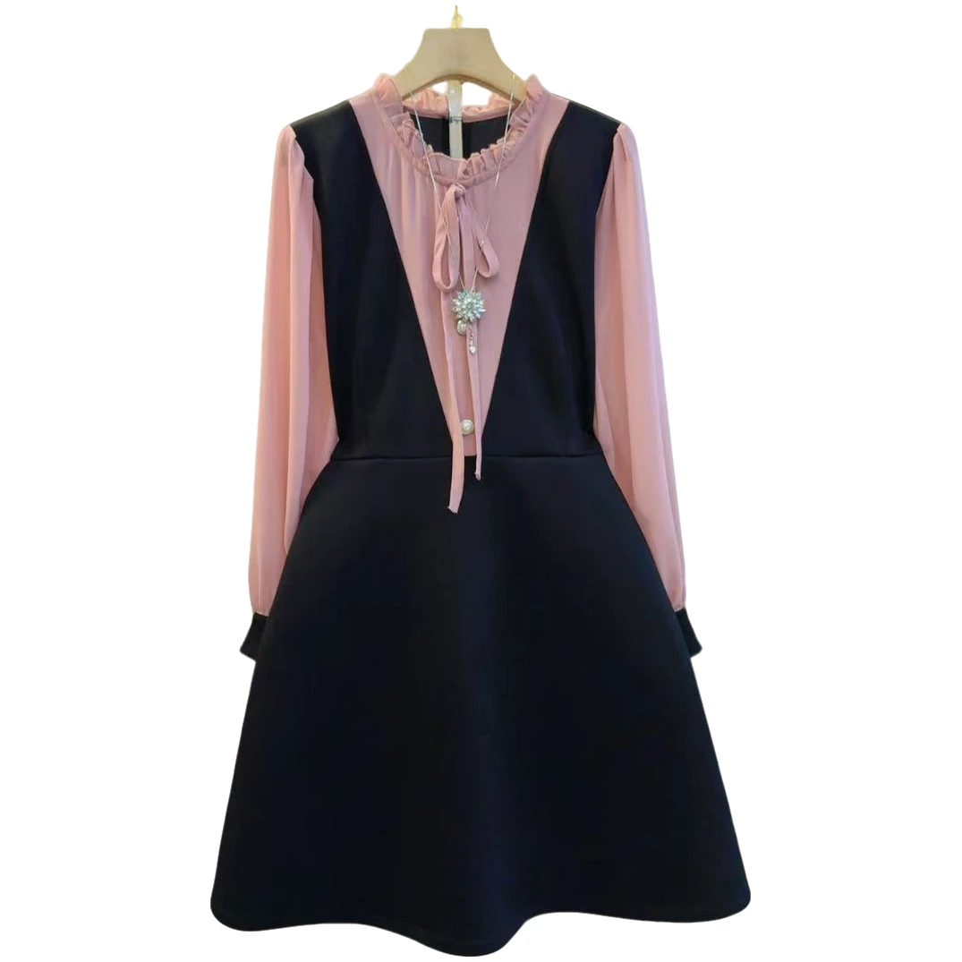 圆领抽绳蝴蝶结设计拼接撞色收腰连衣裙（长88左右）