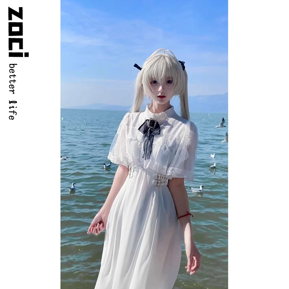 白色日系甜美rojita量产型罩纱蕾丝斗篷连衣裙可爱lolita长裙夏季