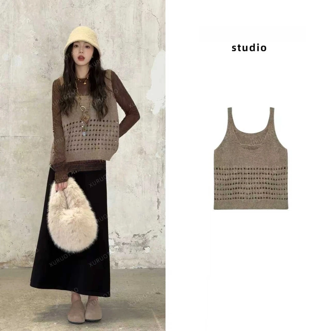 【现货】【织影】镂空设计感百搭显瘦燕麦色马甲+咖色上衣+半身裙套装