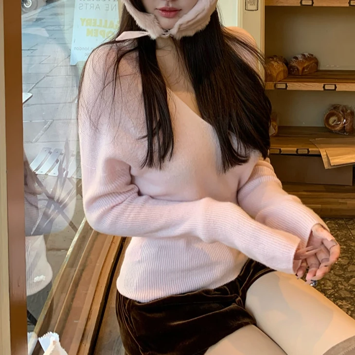 秋冬新款内搭羊毛厚款半高领一体机 针织套头毛衣修身打底衫V领女