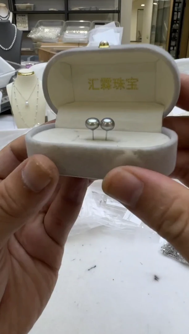 银S925镶嵌淡水珍珠耳钉7mm 紫珠