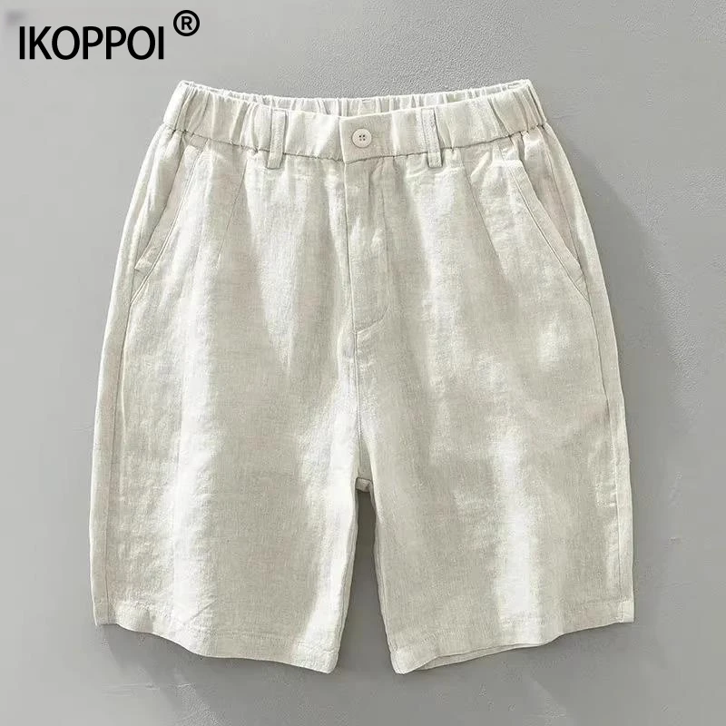 高端亚麻休闲宽松透气男士夏季薄款短裤潮流日系纯色松紧腰五分裤
