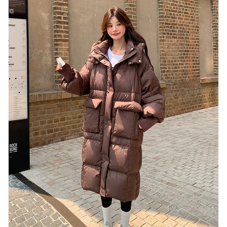 【冬日暖阳】90鸭绒加厚过膝休闲百搭连帽韩版鸭绒羽绒服冬季2410