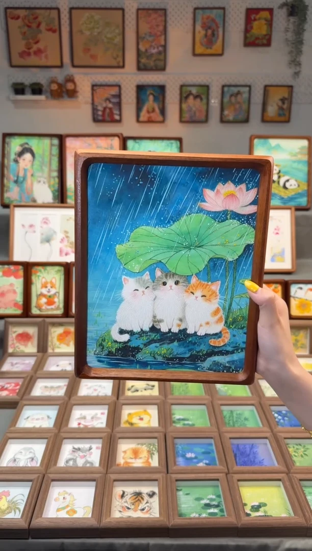 国画荷花三只猫咪 手绘国画10