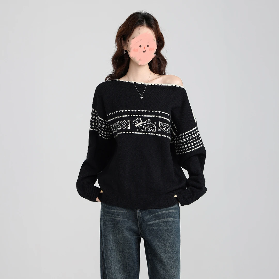 费尔岛露肩一字领毛衣女秋冬季新款高级感内搭针织衫外穿打底上衣