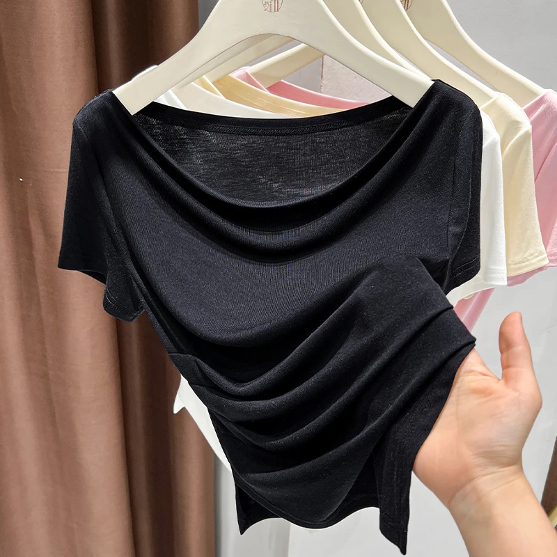 黑色高级感一字领露肩短袖针织T恤女夏季新款褶皱收腰设计上衣薄