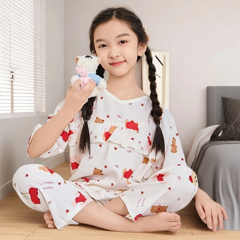 亲子睡衣女孩女童棉绸中袖空调夏天薄款绵绸家居棉绸睡衣中大童