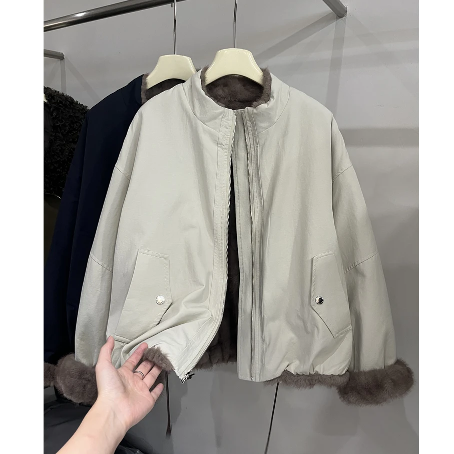 2025新款高级感立领短款工装时尚外套女冬季毛毛内胆派克服夹克