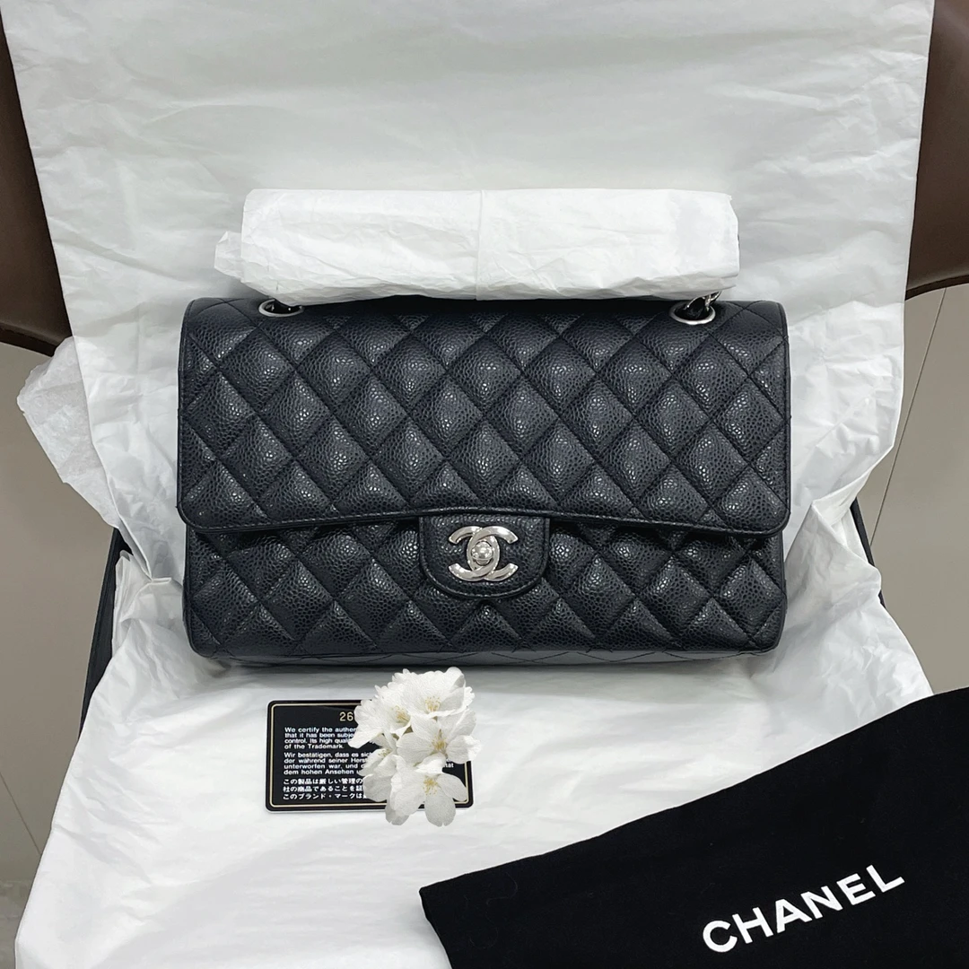 95新 Chanel/香奈儿 黑银中号cf单肩包26开