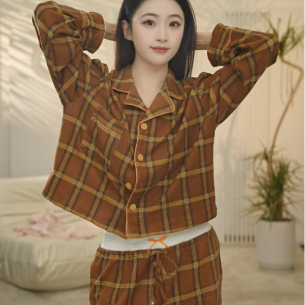 VINEEMAN【棕意格调】春秋格纹新款套装新款长袖长裤两件套家居服