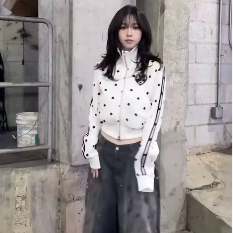 柳智敏同款setupexe美式高街拉链星星印花针织开衫外套女短款上衣