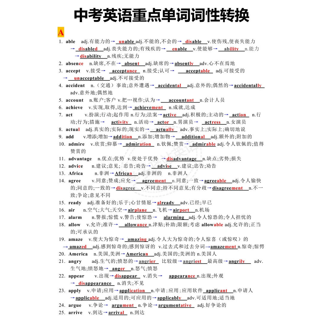 604-2-2025中考重点单词词性转换合集背诵 默写（平铺版)PDF电子版