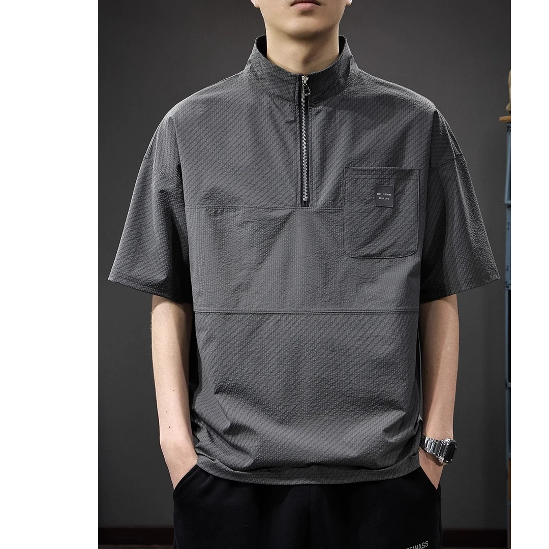奇珀菲仑夏季薄款透气半拉链口袋休闲短袖POLO衫男美式潮牌宽松