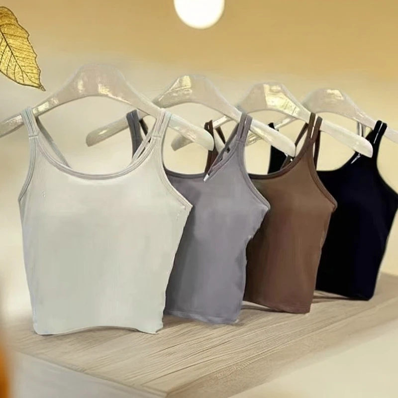 2025春夏极简风网红双肩带美背时尚舒适u领纯色简约一体杯背心