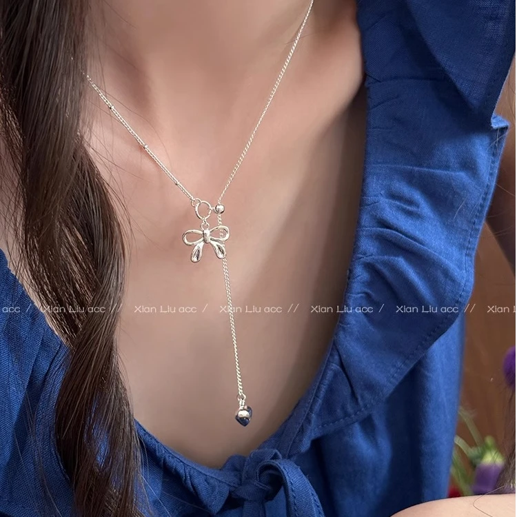 铜合金项链 蝴蝶结抽拉爱心吊坠项链女小众高级感锁骨链颈链配饰