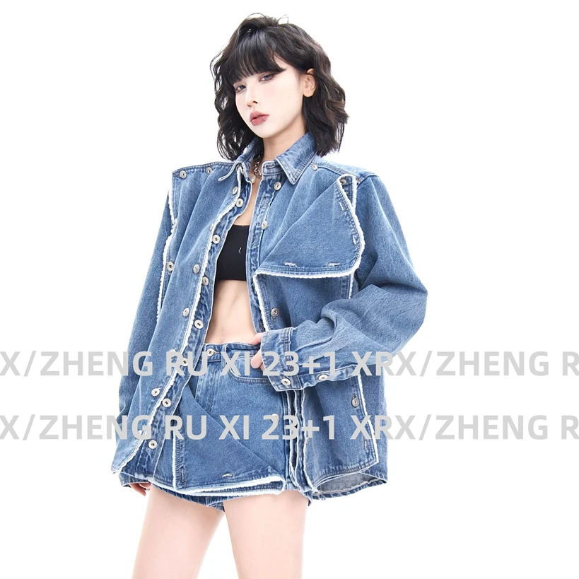 付新博女装设计感牛仔套装女chic炸街可拆卸外套+短裙两件套13763
