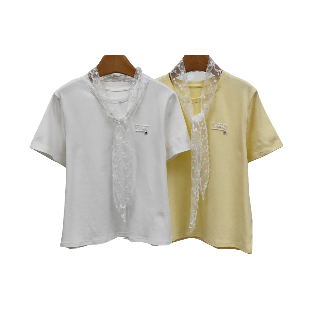 YITONG/倚桐2025夏季休闲显瘦蕾丝披肩针织圆领短袖棉T（T5314185）