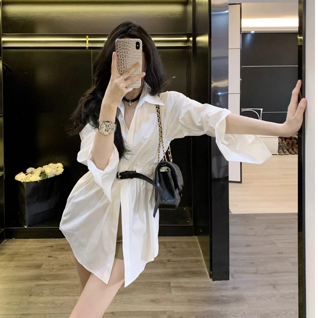 法式白色不规则翻领衬衫连衣裙配腰带辣妹设计感长袖衬衣长袖女
