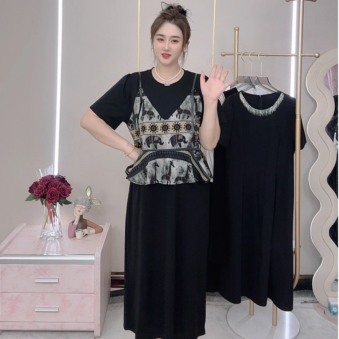夏季显瘦韩版瑞丽风圆领设计感拼接气质复古假两件连衣裙