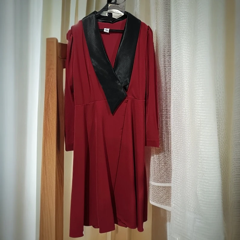 拼接连衣裙显瘦酒红色裙子外套大衣长款时尚婚礼法式1620