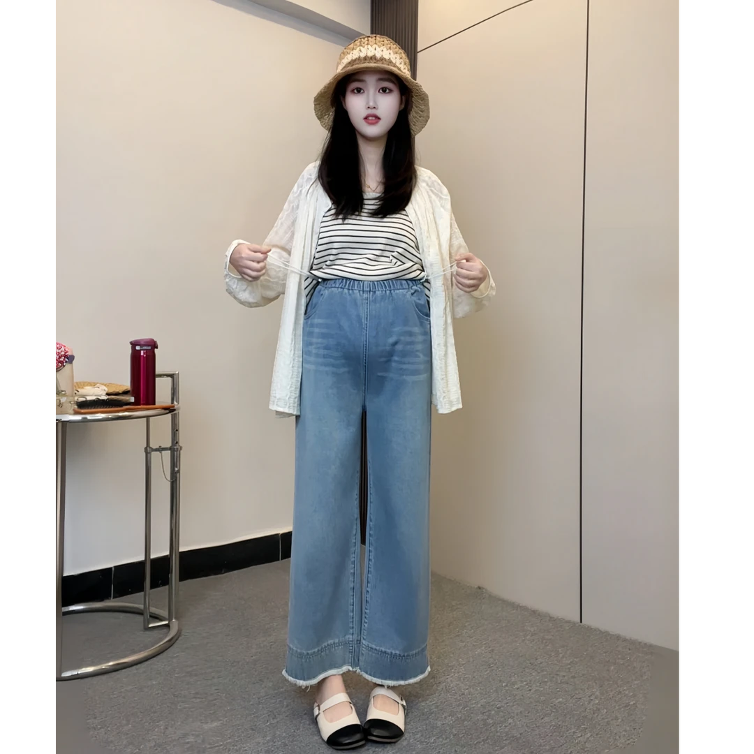 孕妇早秋新款牛仔裤外穿宽松显瘦毛边小个子九分垂感阔腿直筒裤