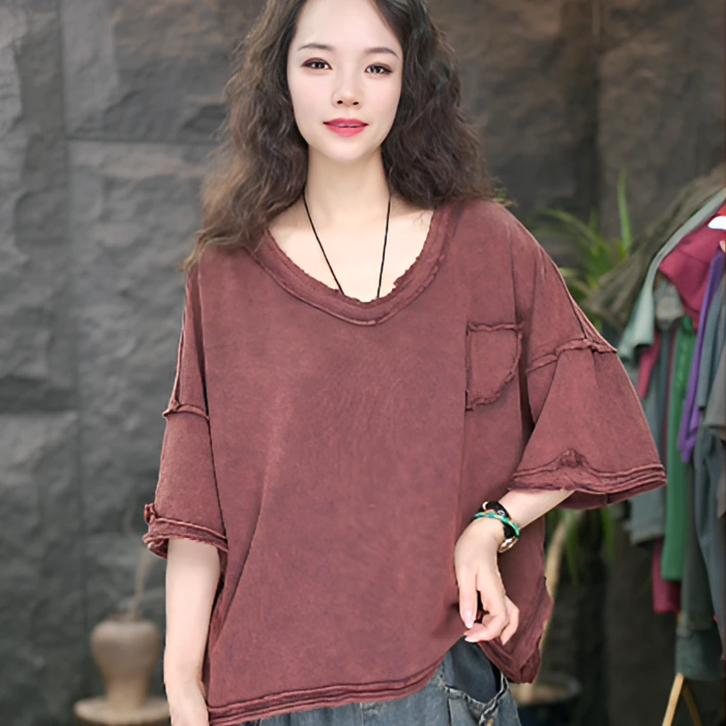 JJ抗起球短袖做旧吸汗纯色圆领T恤时尚短款夏季度假风复古文艺