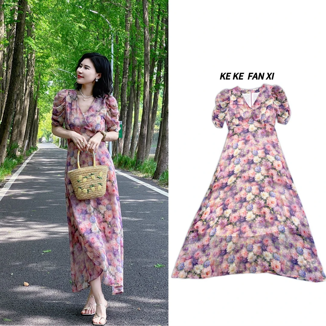 8301莫奈花园花色连衣裙显瘦气质时尚夏季温柔中长款收腰