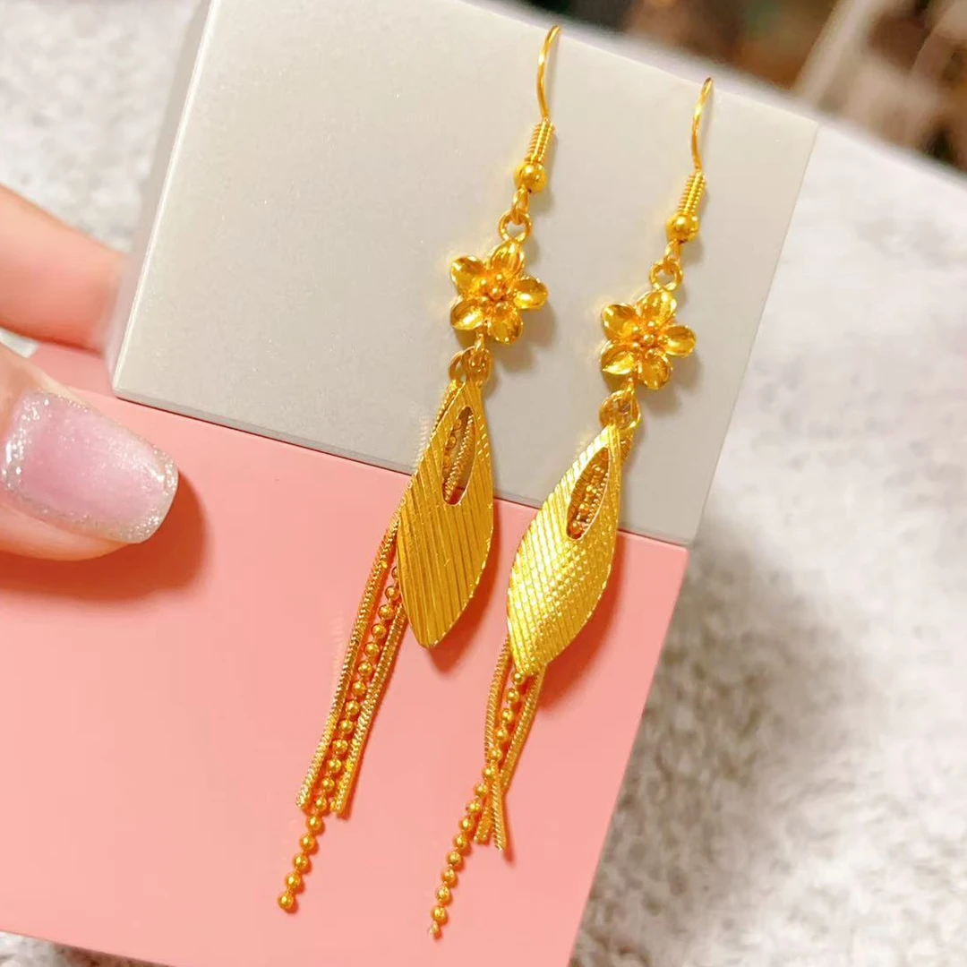 铜合金耳饰 【直播专享】金色耳环女气质金枝玉叶梅花树叶流苏耳坠