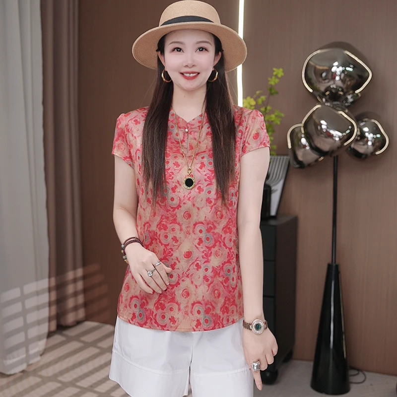 2026夏季新款时尚百搭显瘦气质小衫高级感国风印花小众复古上衣女