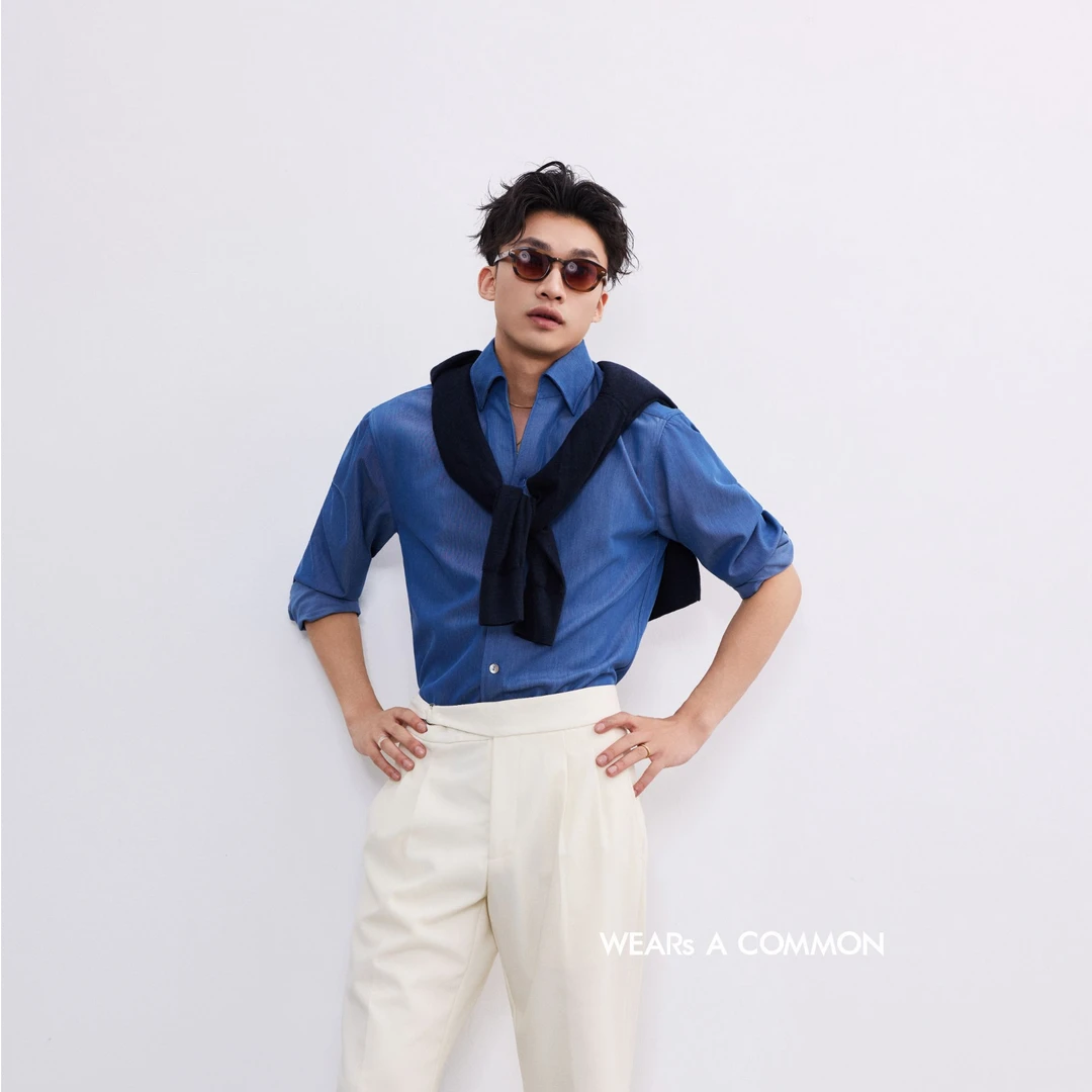 WAC 意式一片领蓝调那不勒斯褶丽赛纤维仿牛仔衬衫