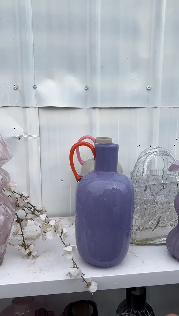 花瓶客厅餐桌插花装饰好物紫色橘色把手
