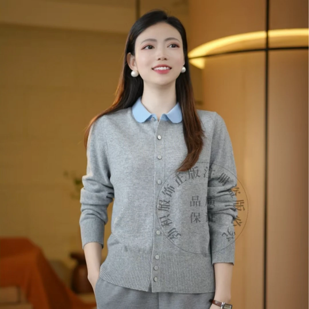 [100%绵羊毛衫]娃娃领开衫减龄秋冬新款上衣女款毛衣针织衫9041