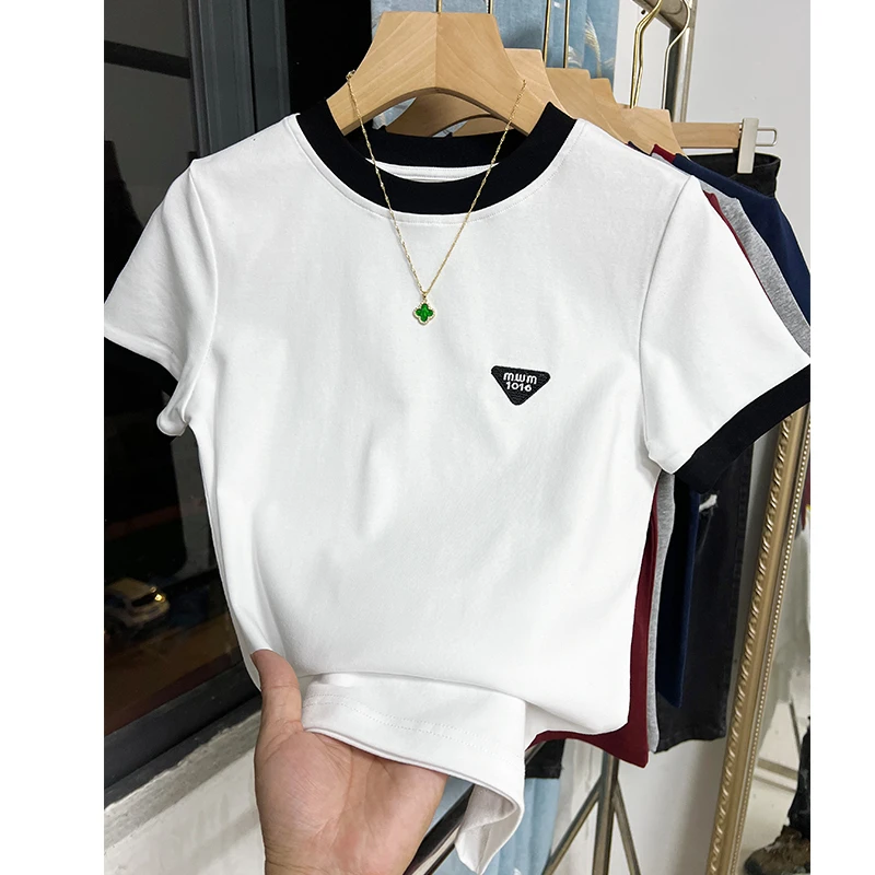 正肩短袖t恤女2025夏季新款修身显瘦时尚撞色百搭圆领棉质上衣