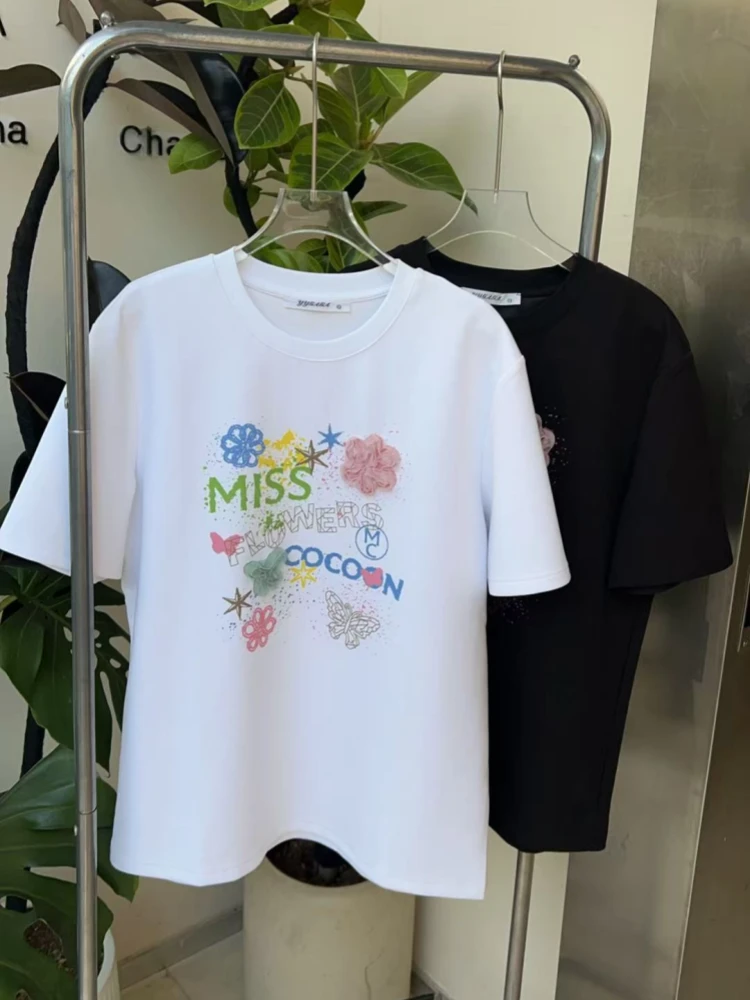 【济州岛】立体蝴蝶花卉印花圆领大版短袖GAGA