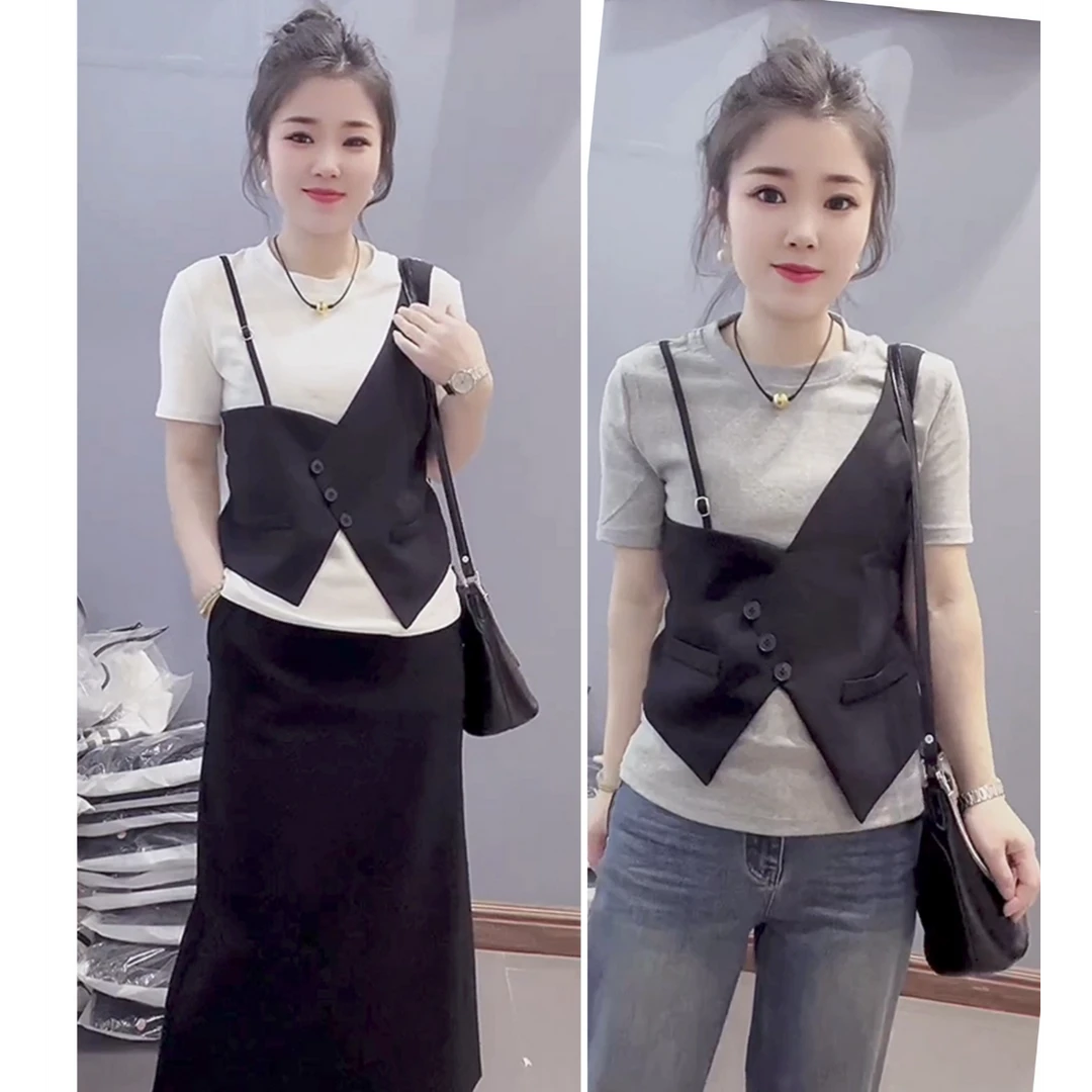 正版拼接马甲两件短袖T恤2025夏季新款百搭宽松减龄时尚打底上衣