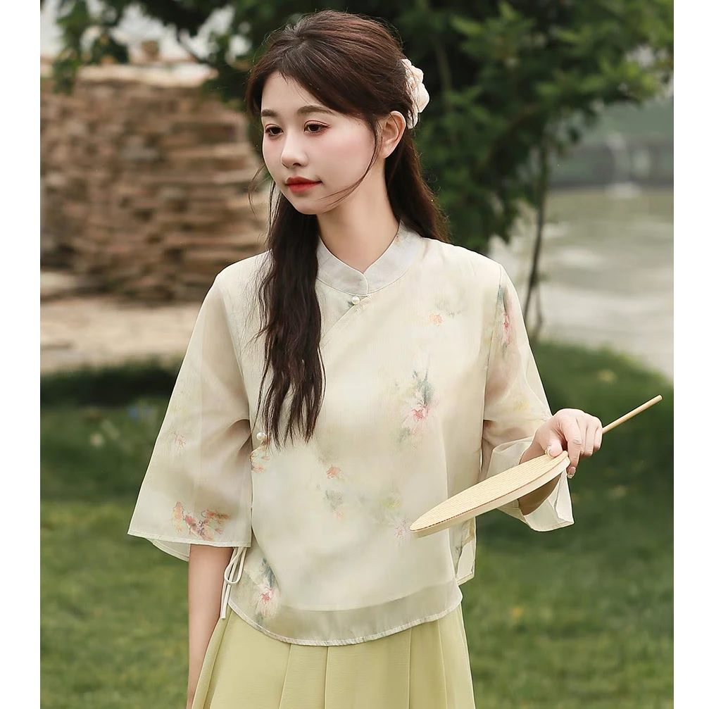 新中式国风改良斜襟小衫女2025夏季新款宽松薄款上衣9375
