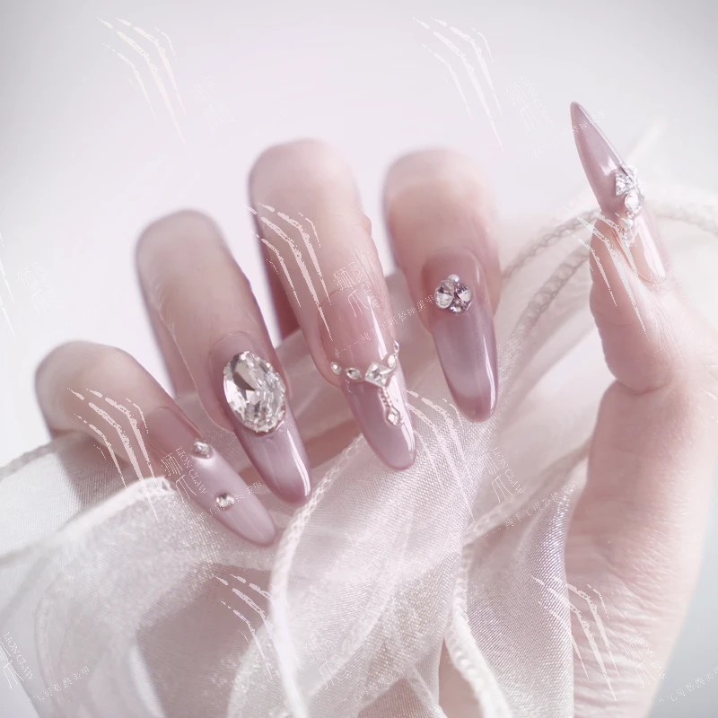 【九紫璃火】高端裸色百搭显白爆闪紫霞仙子猫眼拼钻造型纯手工穿戴