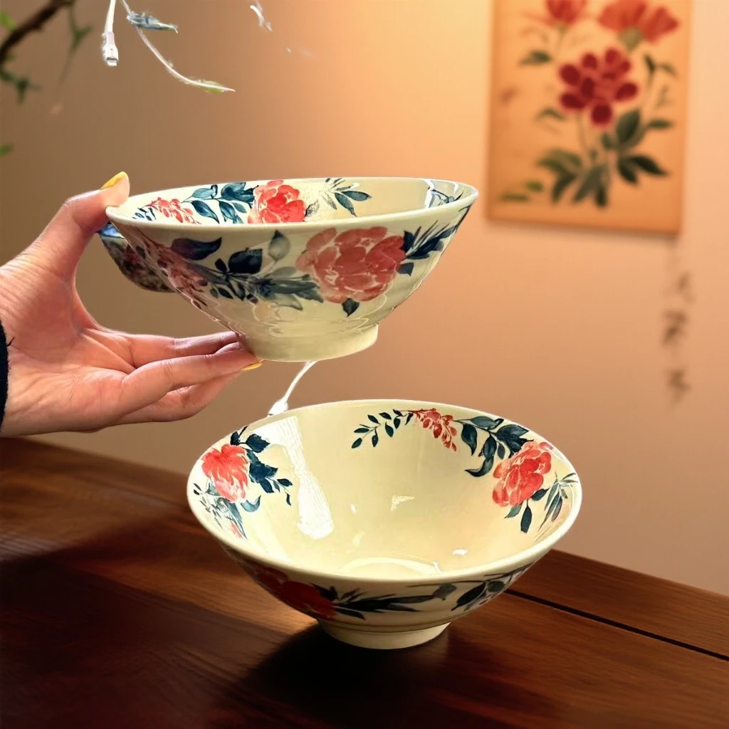 1复古国风水墨牡丹7英寸斗笠面碗家用陶瓷手绘釉下彩汤碗