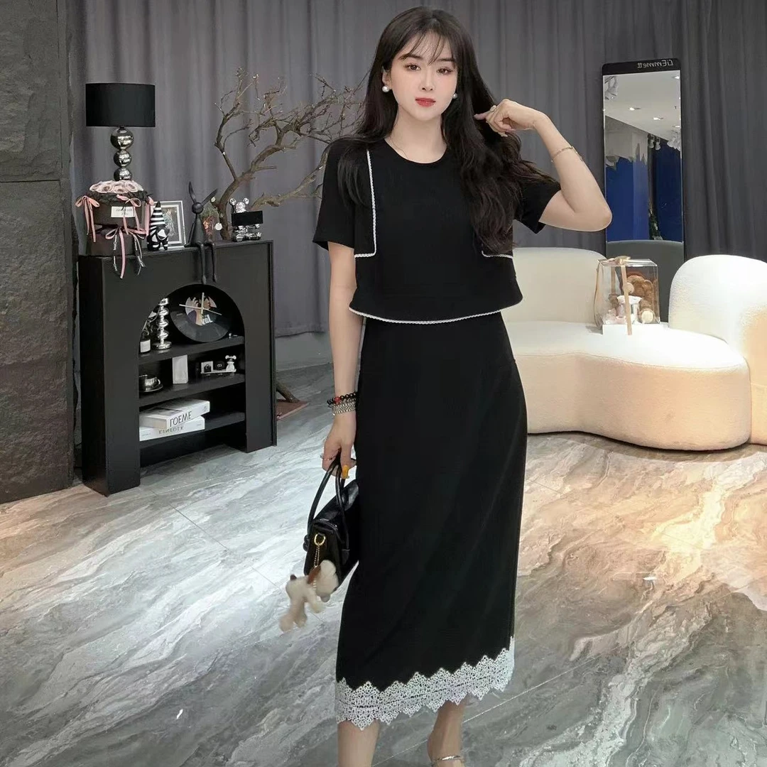 8817夏季新款时尚收腰镂空简约百搭宽松拼接蕾丝连衣裙