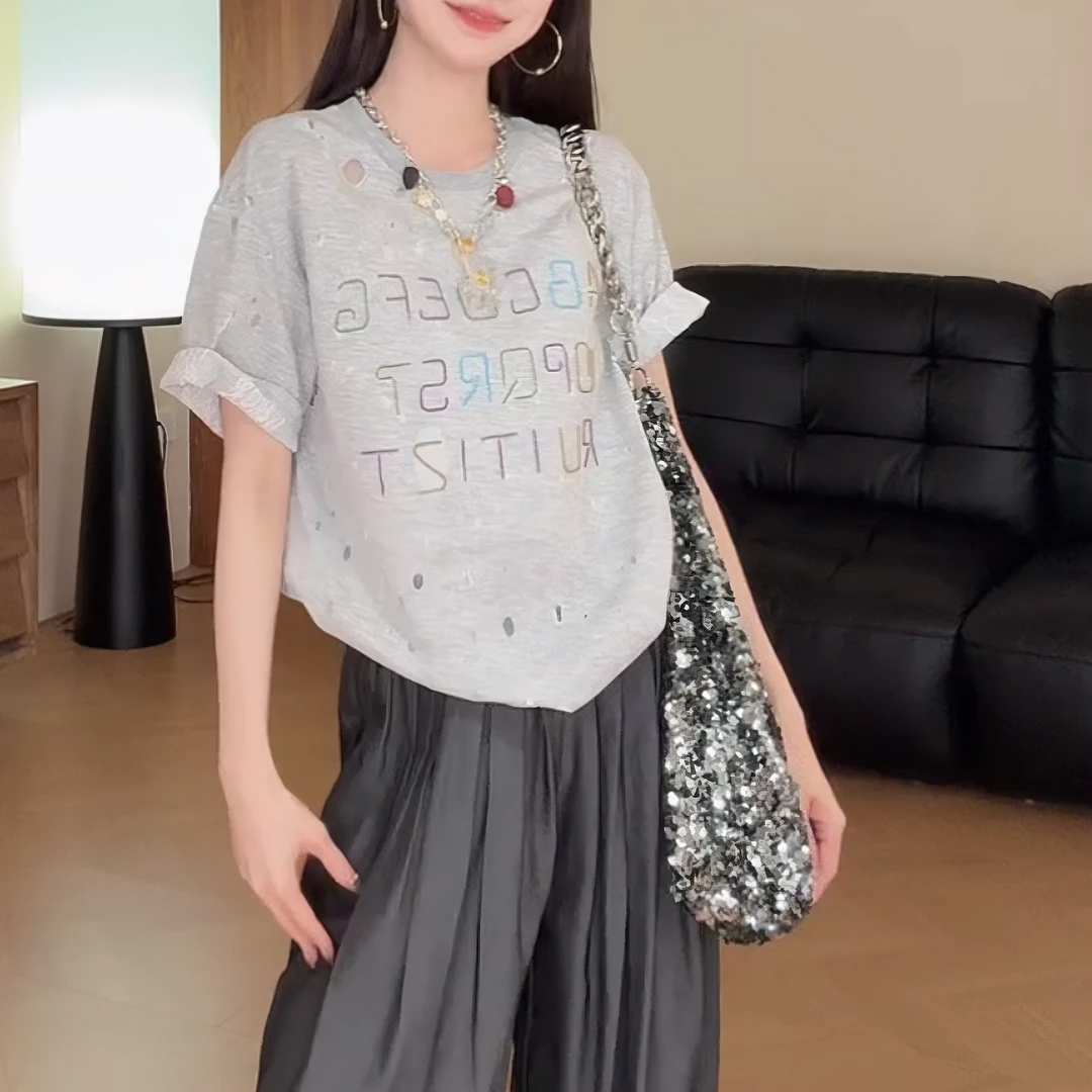 2025夏季正肩显瘦短袖t恤设计感宽松韩版慵懒风上衣女LK2504397