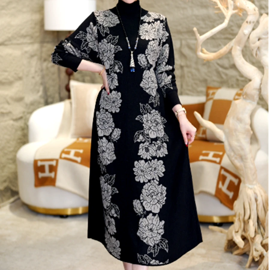 春夏新款重磅【花海】高级感宽松保暖时尚气质洋气毛衣连衣裙-6628#