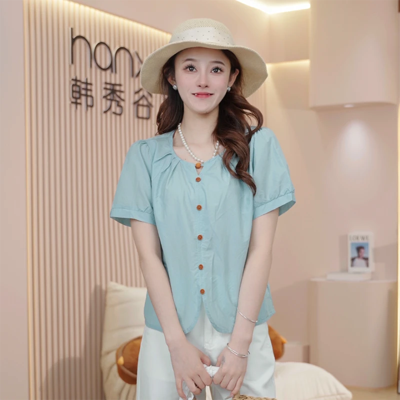 法式气质时尚百搭圆领衬衫女2025夏新款显瘦减龄小众别致上衣B241