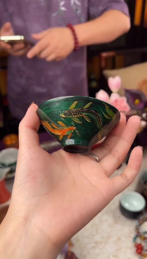 巳**意手绘双鱼斗笠杯（礼物）-太古大漆