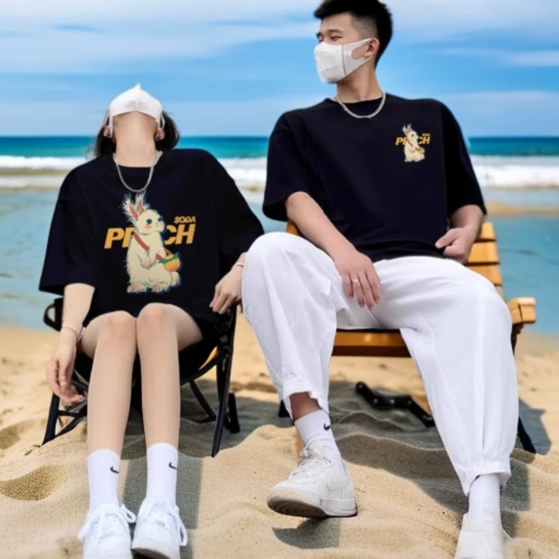 仓石一树夏季潮牌黑色兔子印花短袖T恤男士冰丝宽松情侣装体恤ins