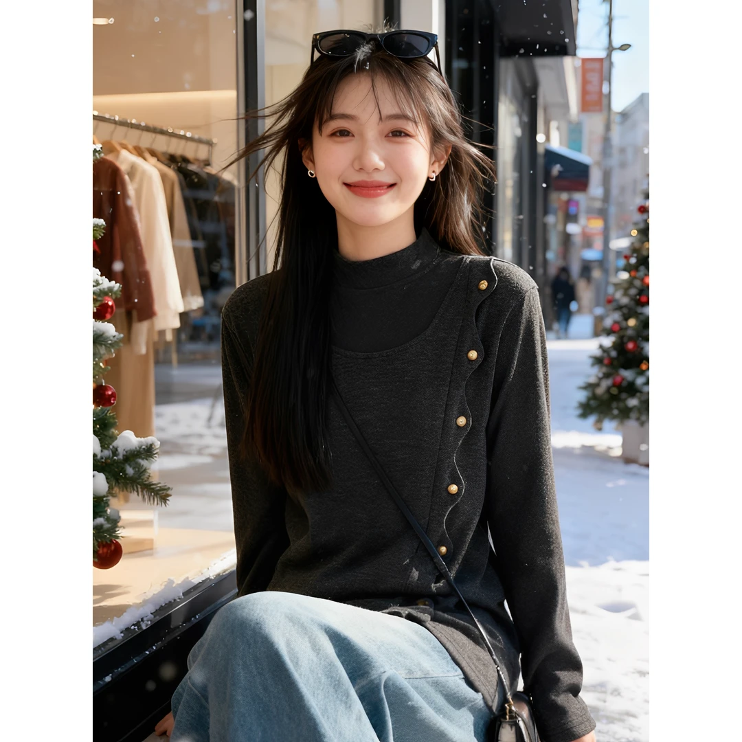 女装 胸104-128加绒假两件波浪边上衣T恤2561#