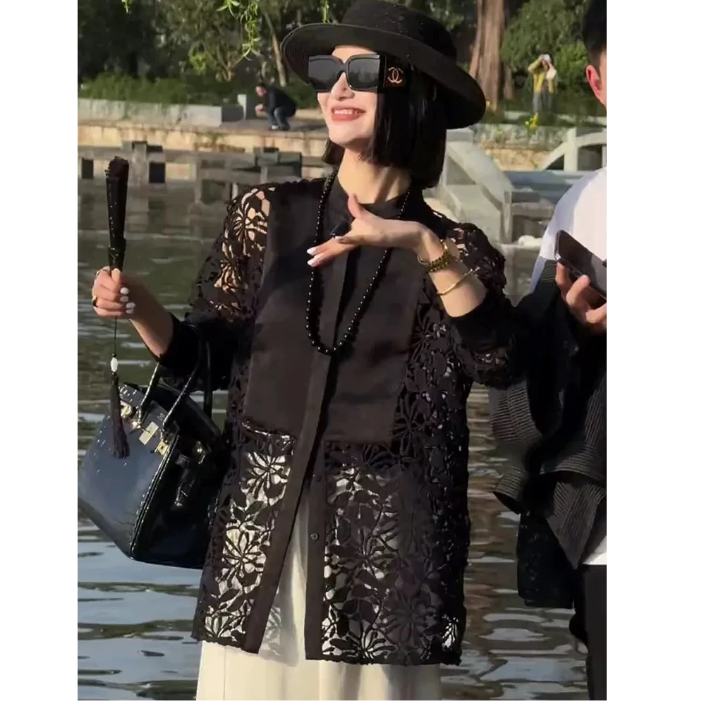 小香风圆领镂空长袖防晒衬衫外套女夏装新款别致减龄衬衣百搭上衣