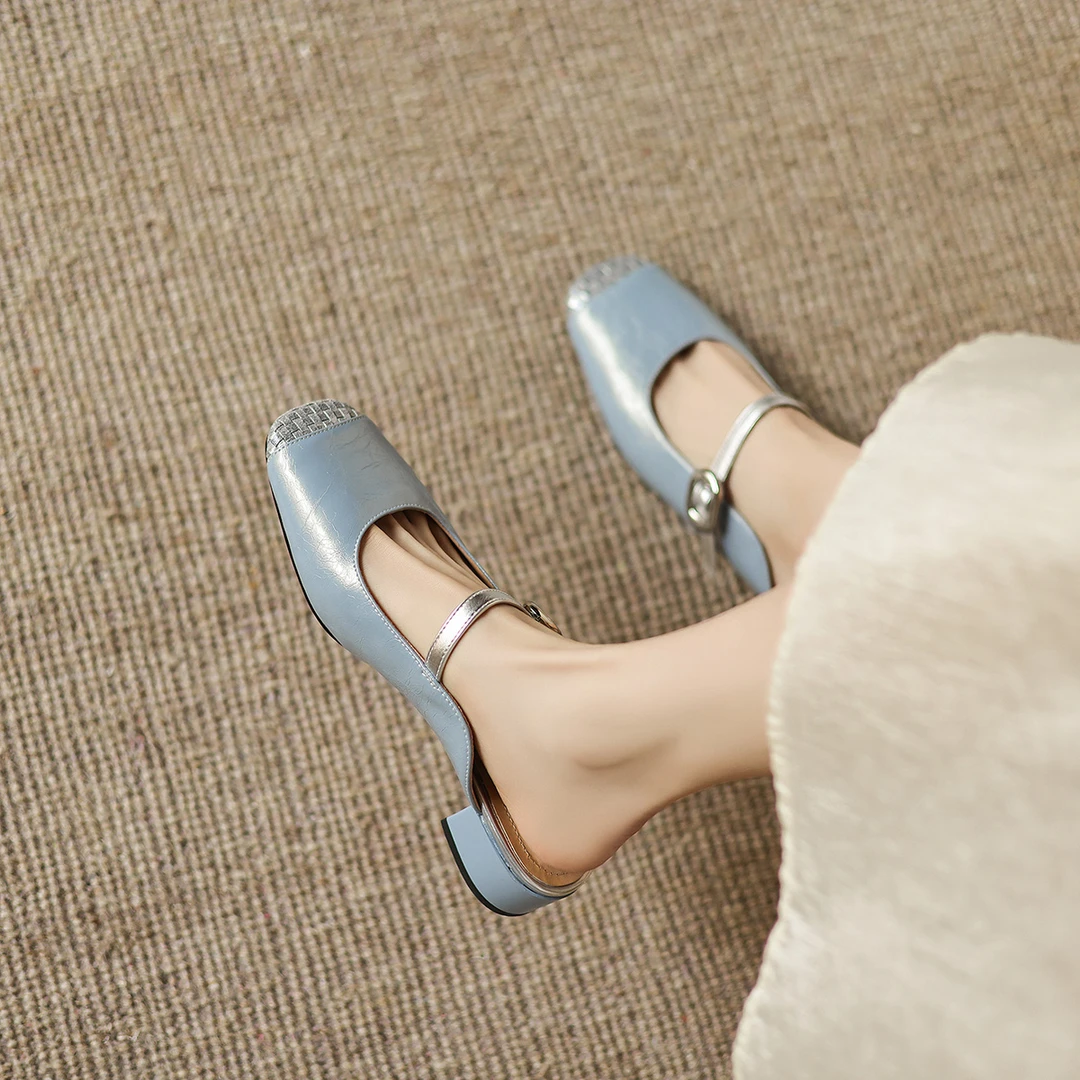 阿么手工女鞋粗跟小清新真皮拼接穆勒鞋夏季外穿一字拖鞋百搭3CM